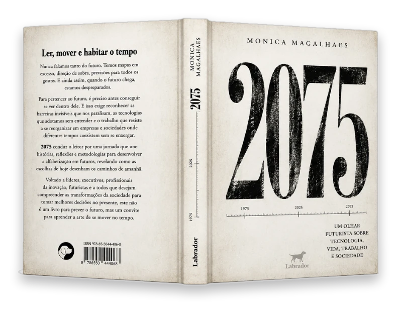 Capa e contracapa do livro 2075 abertas, com a sinopse impressa