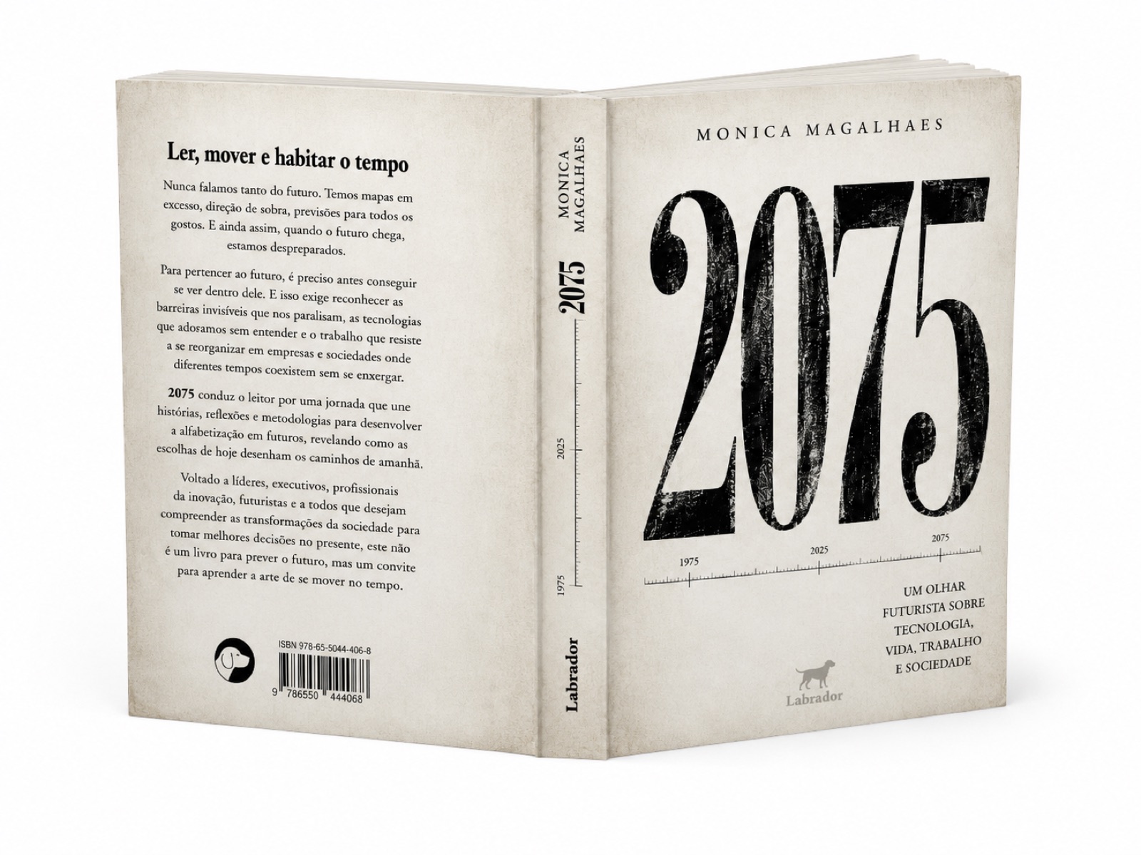 Capa e contracapa do livro 2075 abertas, com a sinopse impressa