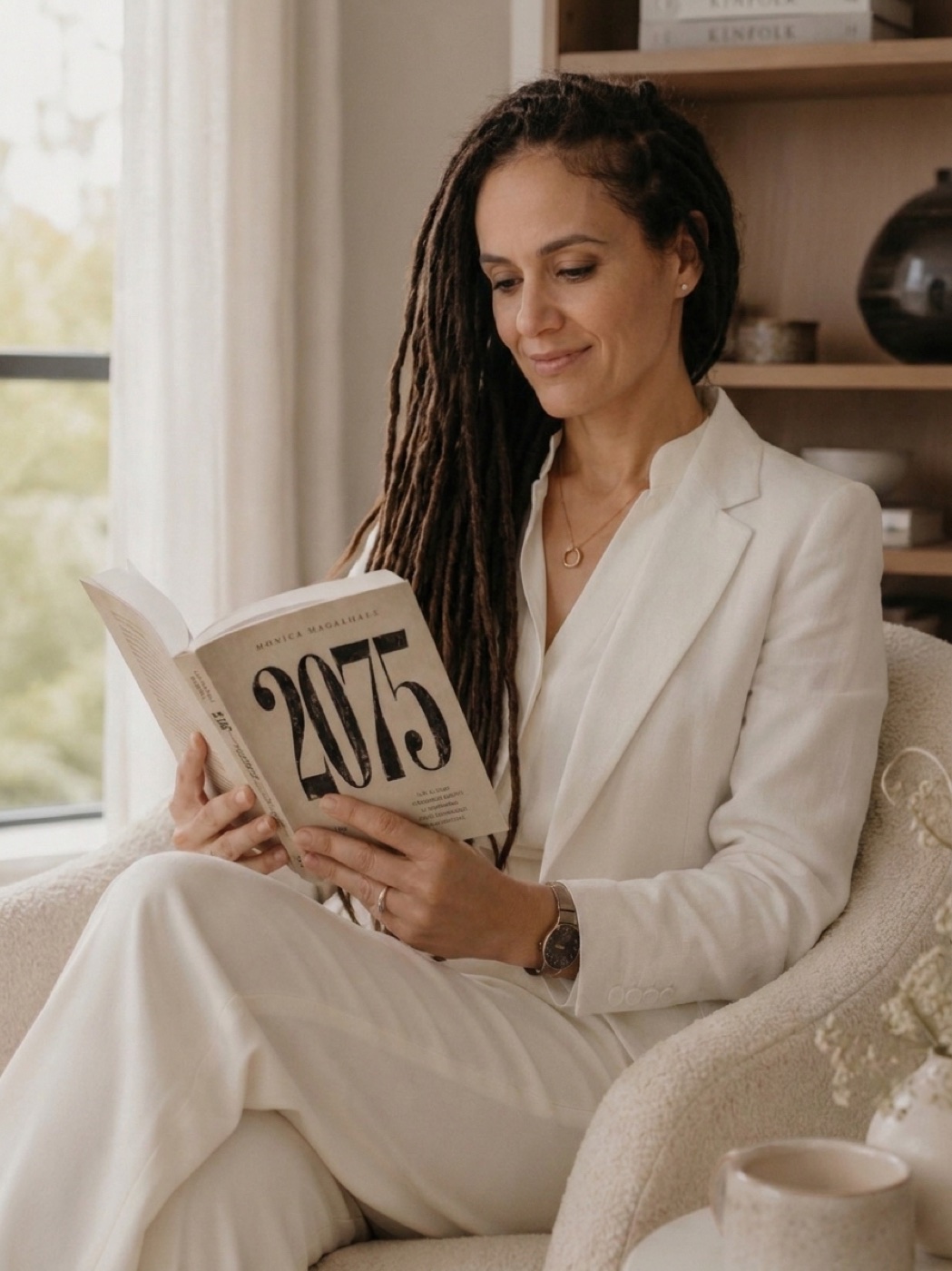 Monica Magalhaes lendo o livro 2075