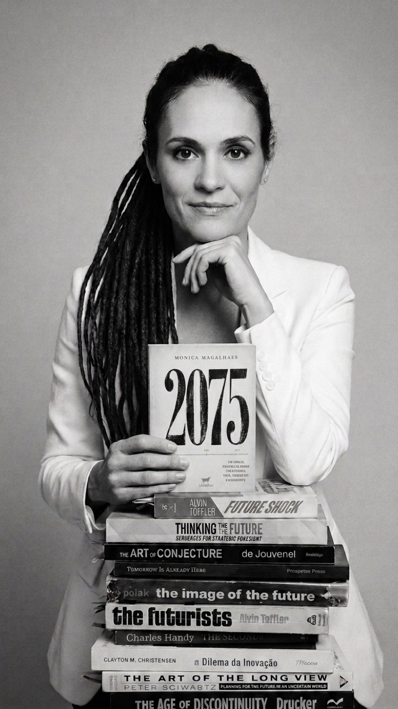 Monica Magalhaes com o livro 2075 sobre uma pilha de clássicos do futurismo